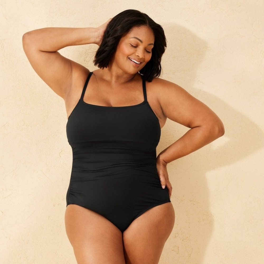 NEW! Shade & Shore Black Smoothing Shirred Full Coverage Swimsuit Size 24